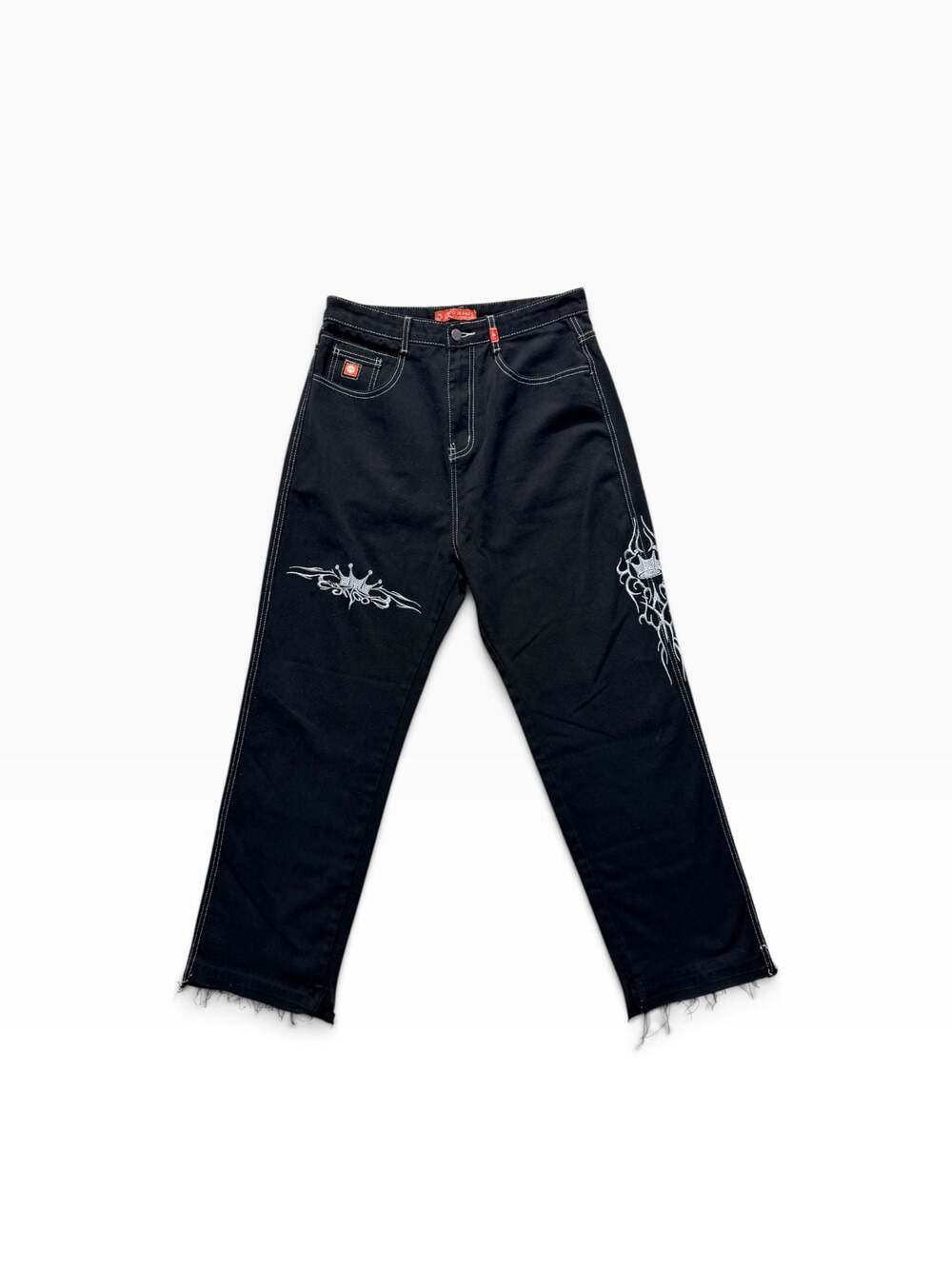 JNCO Black Jeans White Contrast Stitching and Crown Tribal Embroidery Size L
